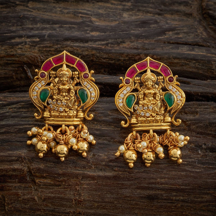 Pure 92.5 Silver Antique Finish Lakshmi Earrings with Ruby, Emerald and Dangling Beads