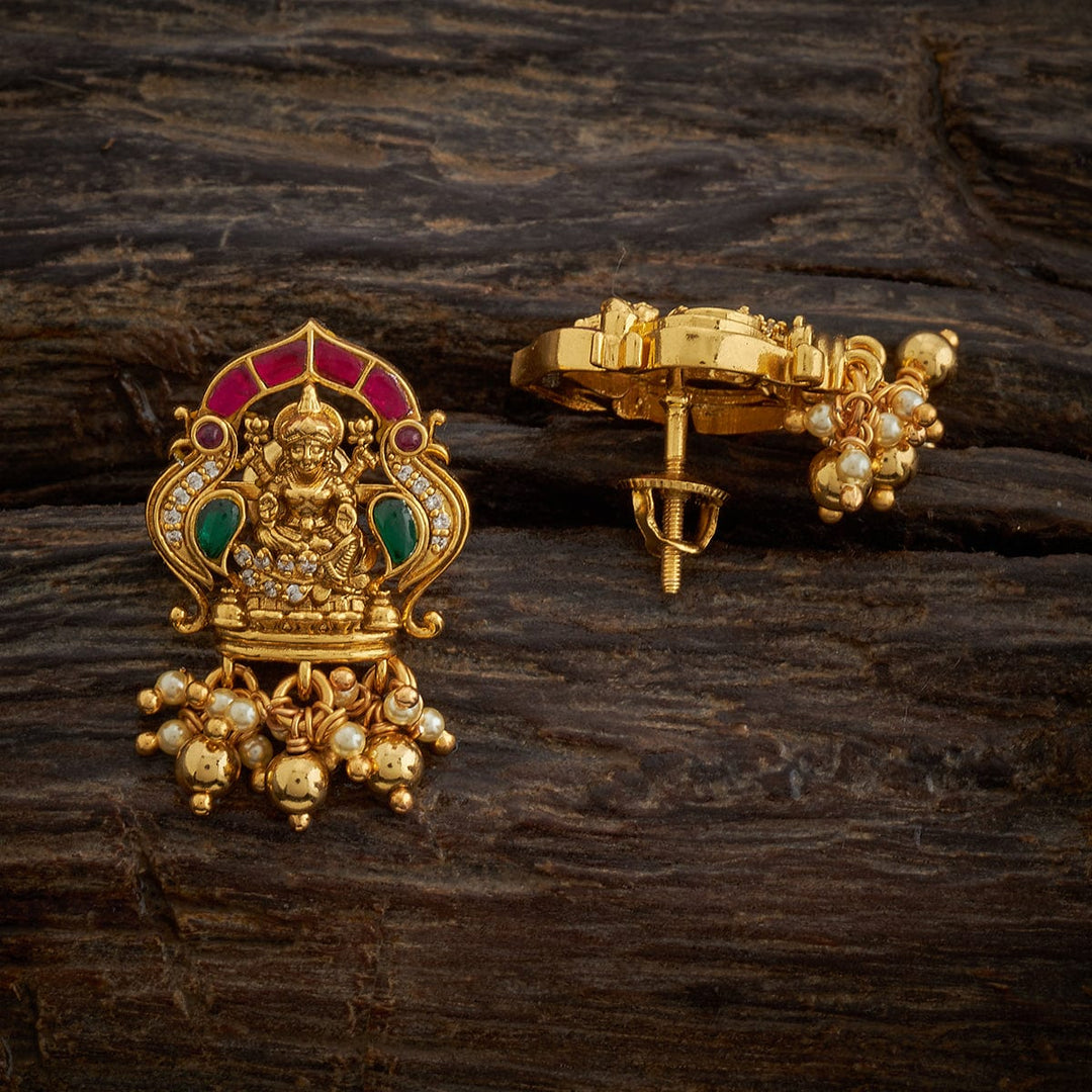 Pure 92.5 Silver Antique Finish Lakshmi Earrings with Ruby, Emerald and Dangling Beads