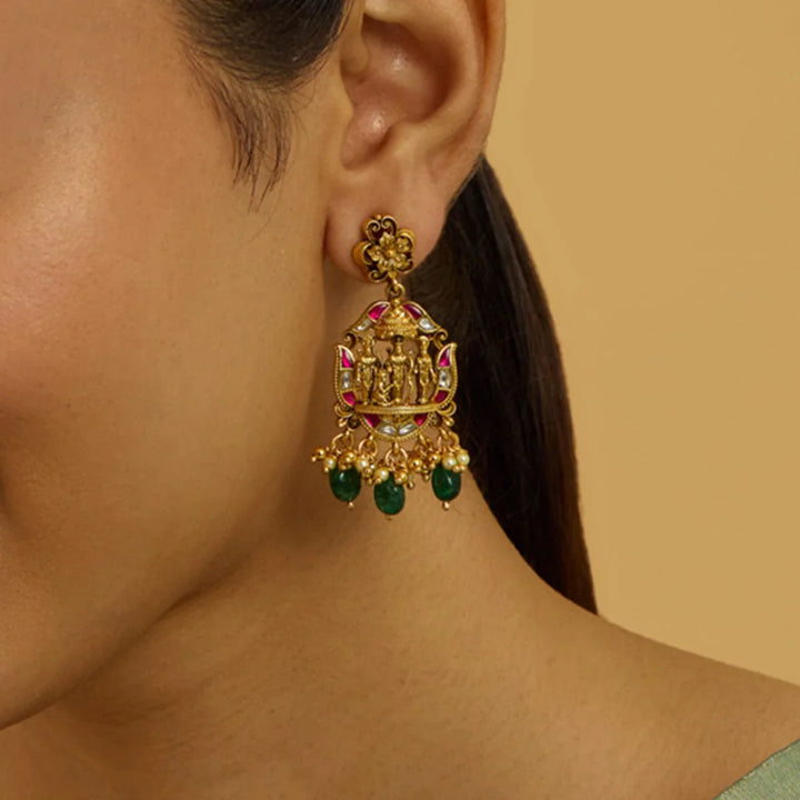 Pure 92.5 Silver Gold-Plated Divine Rama Darbar Temple Earrings with Gemstone Accents and Dangling Beads