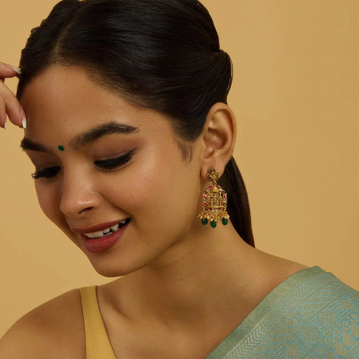 Pure 92.5 Silver Gold-Plated Divine Rama Darbar Temple Earrings with Gemstone Accents and Dangling Beads