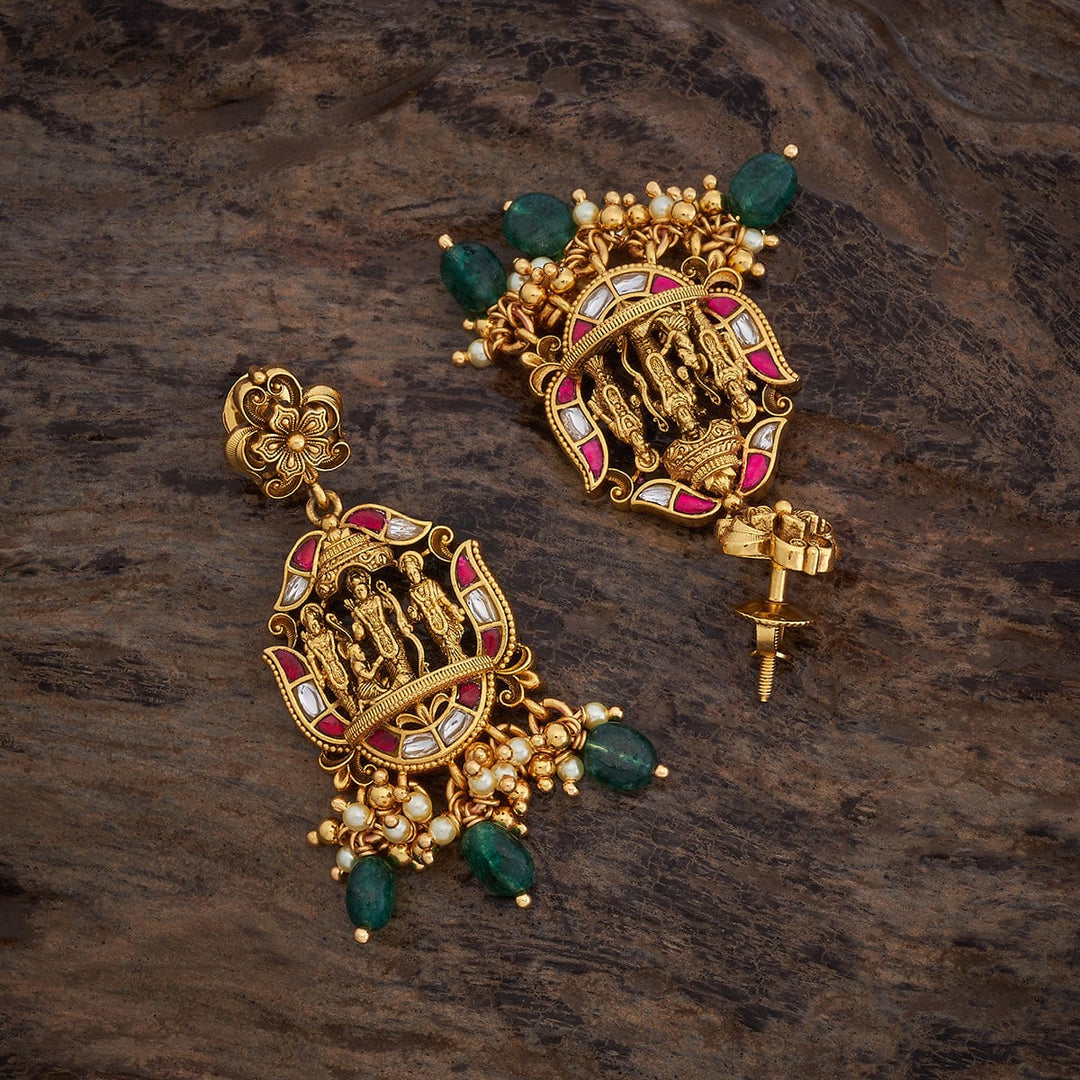 Pure 92.5 Silver Gold-Plated Divine Rama Darbar Temple Earrings with Gemstone Accents and Dangling Beads