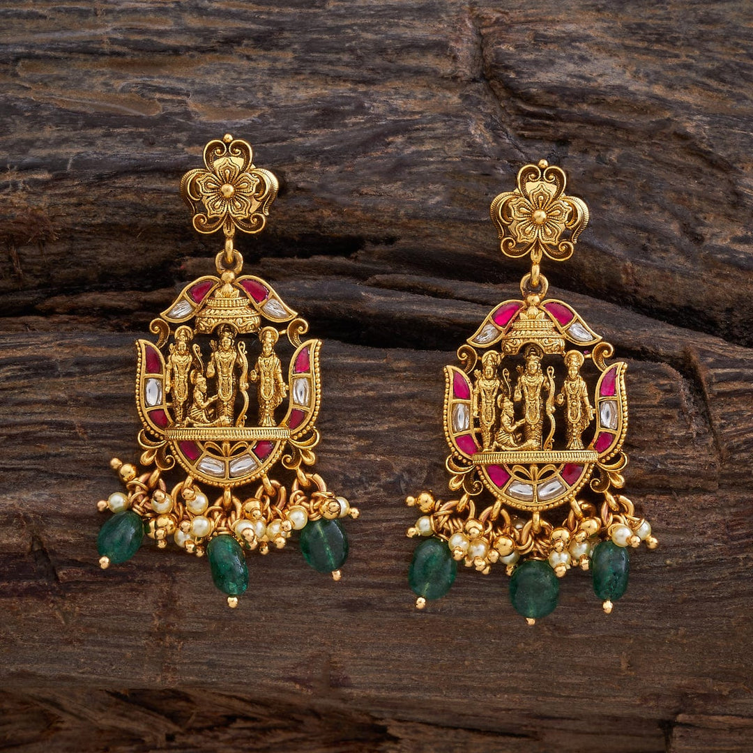 Pure 92.5 Silver Gold-Plated Divine Rama Darbar Temple Earrings with Gemstone Accents and Dangling Beads