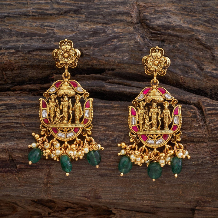 Pure 92.5 Silver Gold-Plated Divine Rama Darbar Temple Earrings with Gemstone Accents and Dangling Beads