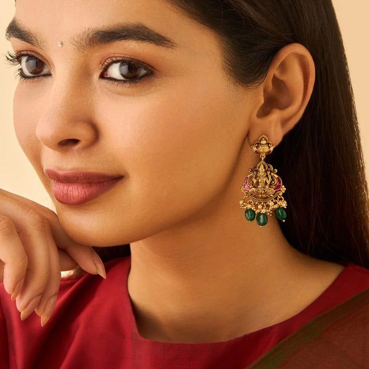 Pure 92.5 Silver Gold-Plated Traditional Temple Earrings with Lakshmi Design and Gemstone Accents