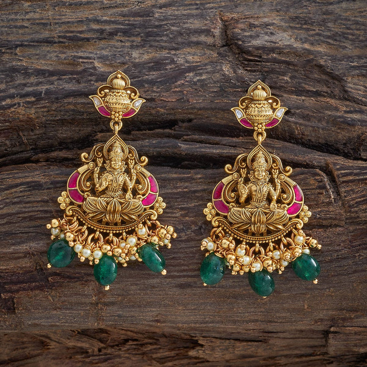 Pure 92.5 Silver Gold-Plated Traditional Temple Earrings with Lakshmi Design and Gemstone Accents