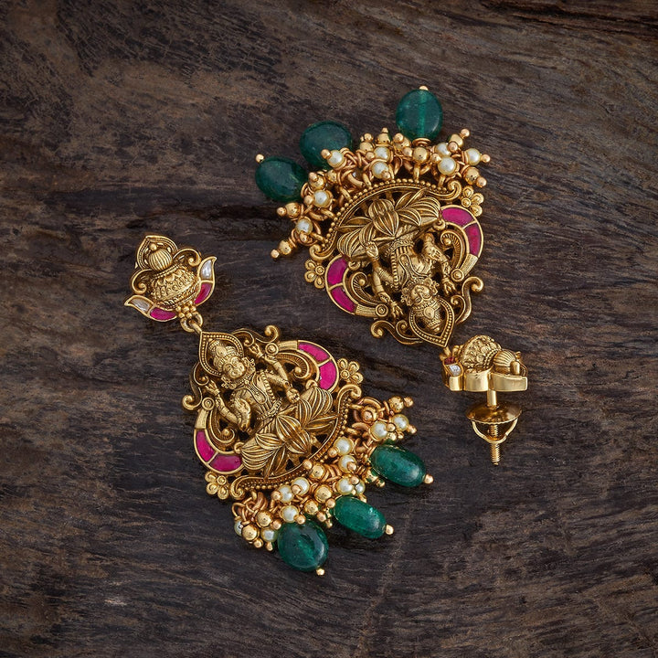 Pure 92.5 Silver Gold-Plated Traditional Temple Earrings with Lakshmi Design and Gemstone Accents