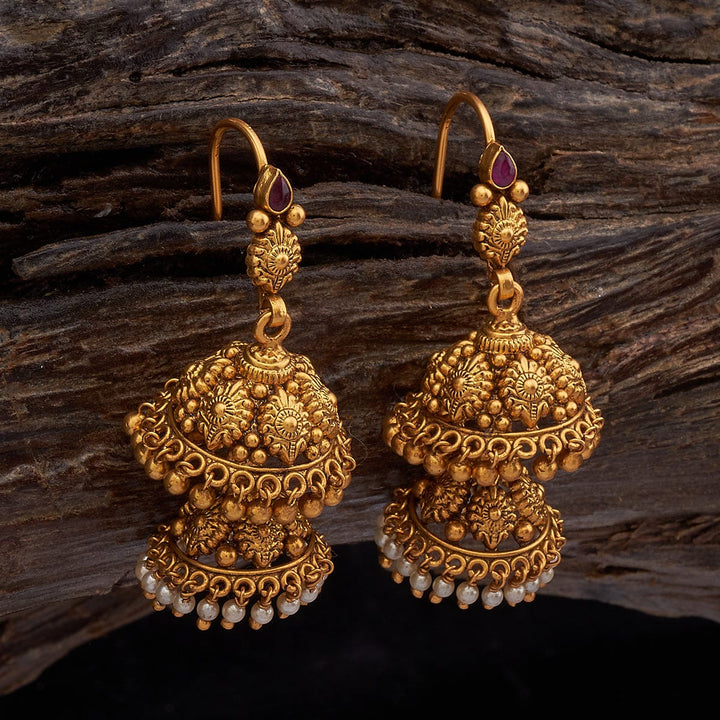 Pure 92.5 Silver Oxidized Gold-Plated Double Jhumka Earrings with Ruby and Pearls