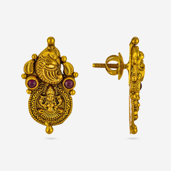 92.5 Silver Gold-Polished Lakshmi Peacock Temple Earrings With Ruby-Red stones