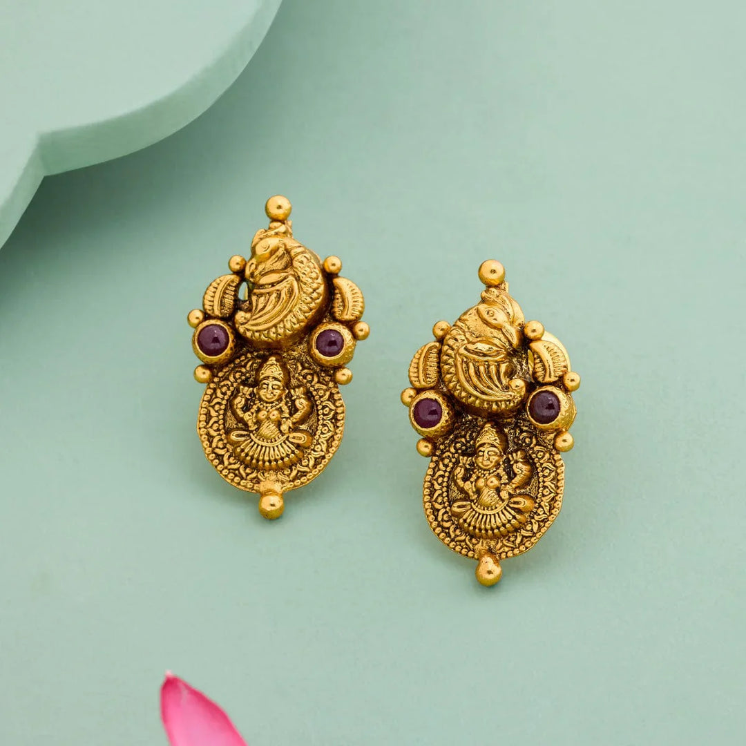 92.5 Silver Gold-Polished Lakshmi Peacock Temple Earrings With Ruby-Red stones