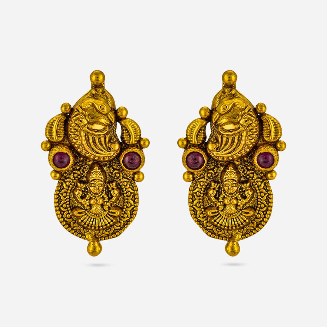 92.5 Silver Gold-Polished Lakshmi Peacock Temple Earrings With Ruby-Red stones