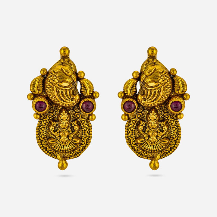 92.5 Silver Gold-Polished Lakshmi Peacock Temple Earrings With Ruby-Red stones