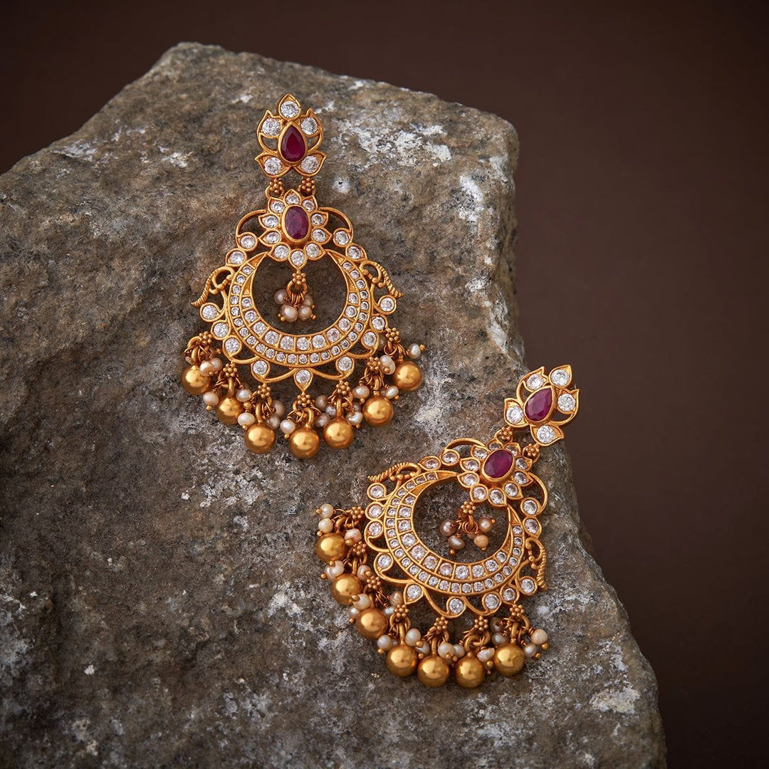 Pure 92.5 Silver Gold-Plated Chandbali Earrings with Gemstone and Dangling Beads