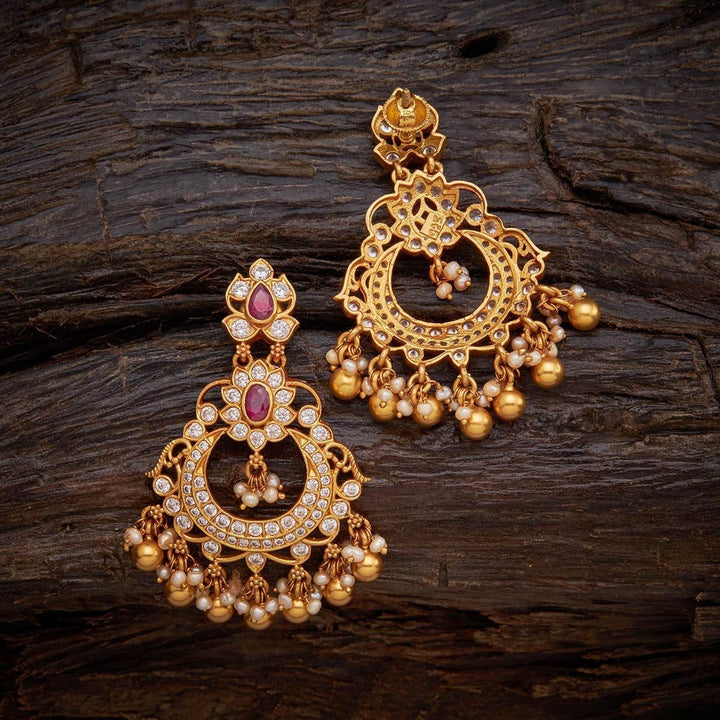 Pure 92.5 Silver Gold-Plated Chandbali Earrings with Gemstone and Dangling Beads