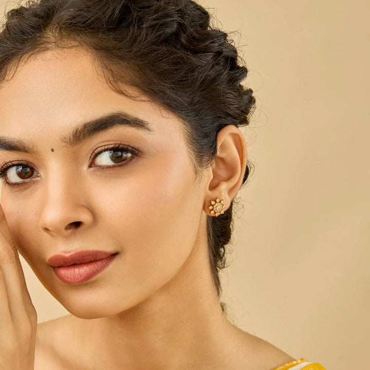 Pure 92.5 Silver, Gold-Plated CZ Floral Motif Studs