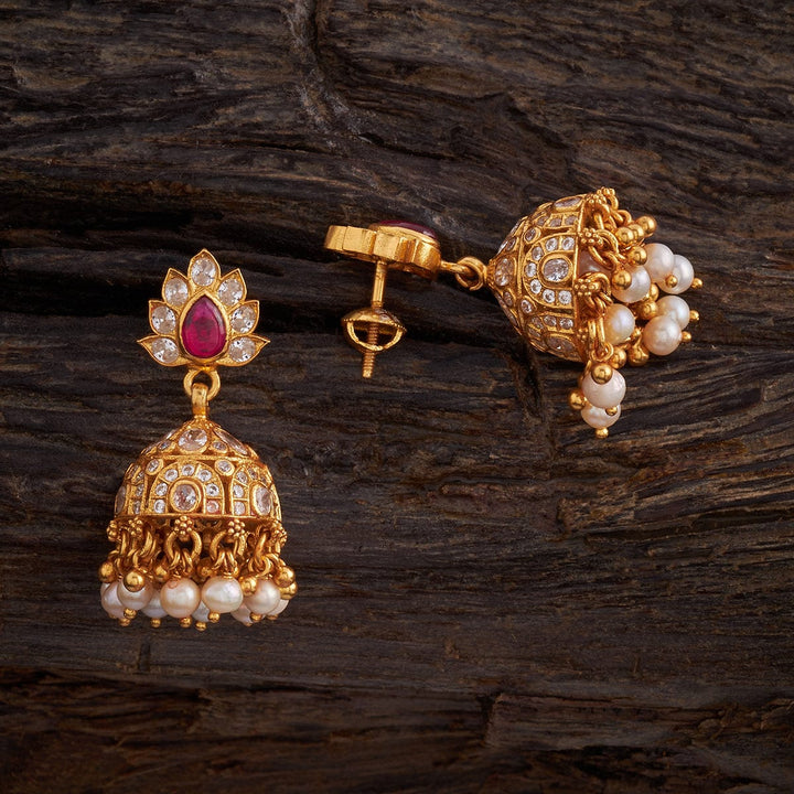 Pure 92.5 Silver Gold-Plated Lotus Jhumkas with CZ Stone and Dangling Beads