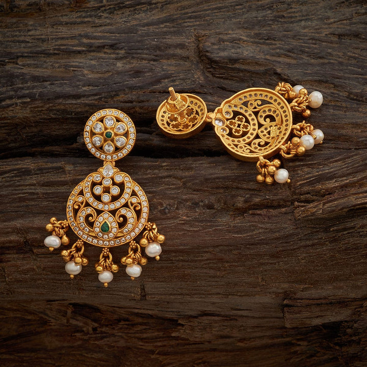 Pure 92.5 Silver Gold-Plated Floral Motif Earrings with Green Centre Stone and Dangling Pearls