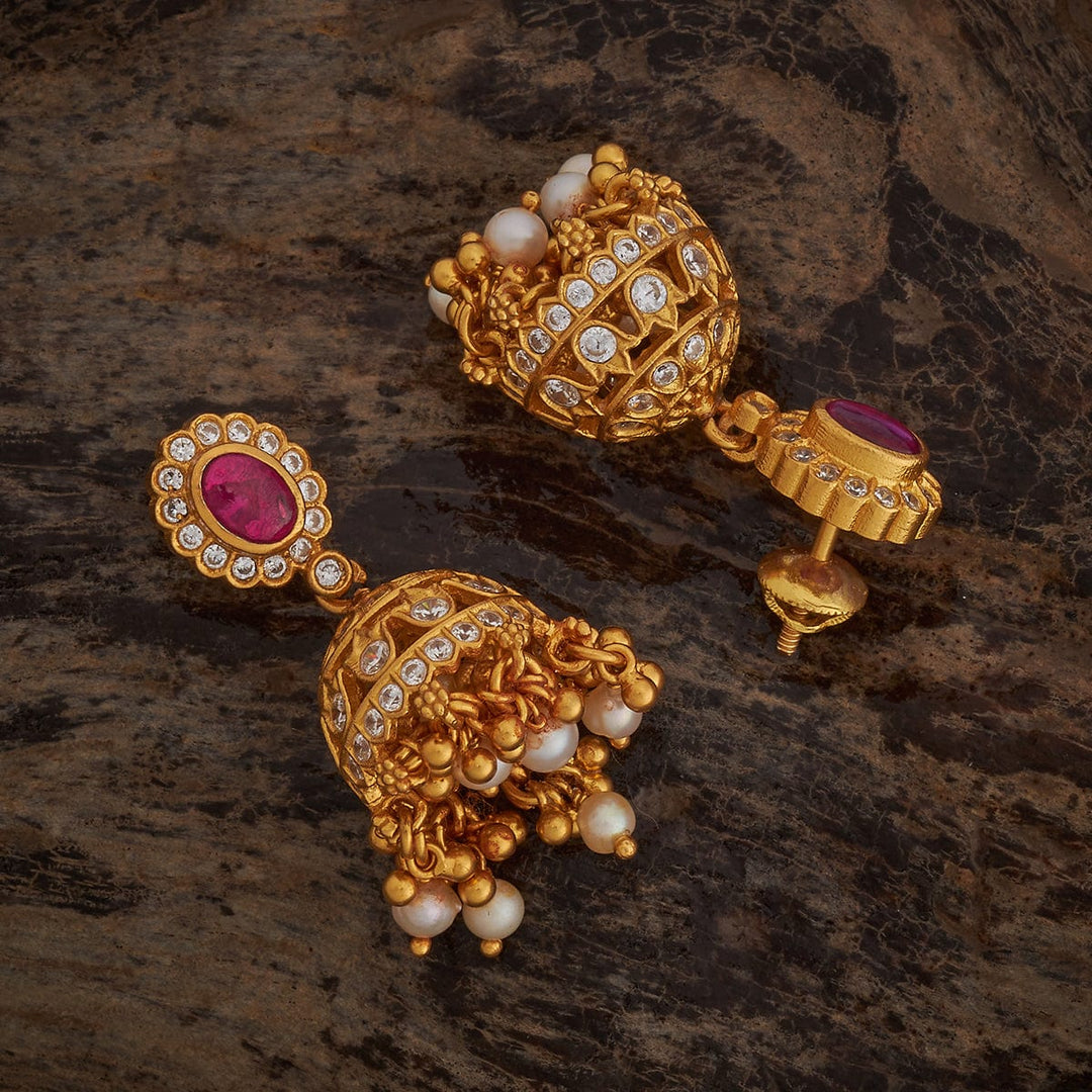 Pure 92.5 Silver Gold-Plated Traditional Temple Jhumka Earrings with Ruby Stud and Pearl Drops