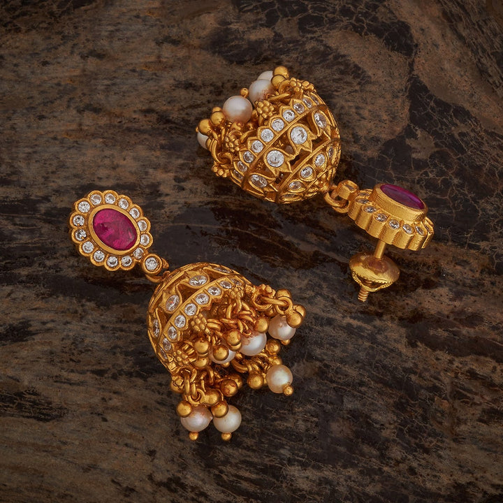 Pure 92.5 Silver Gold-Plated Traditional Temple Jhumka Earrings with Ruby Stud and Pearl Drops