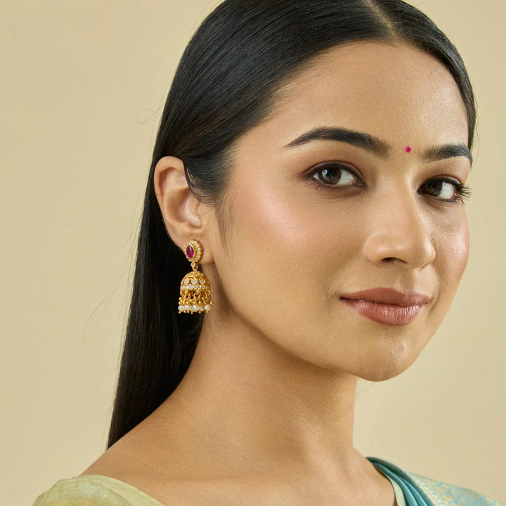 Pure 92.5 Silver Gold-Plated Traditional Temple Jhumka Earrings with Ruby Stud and Pearl Drops