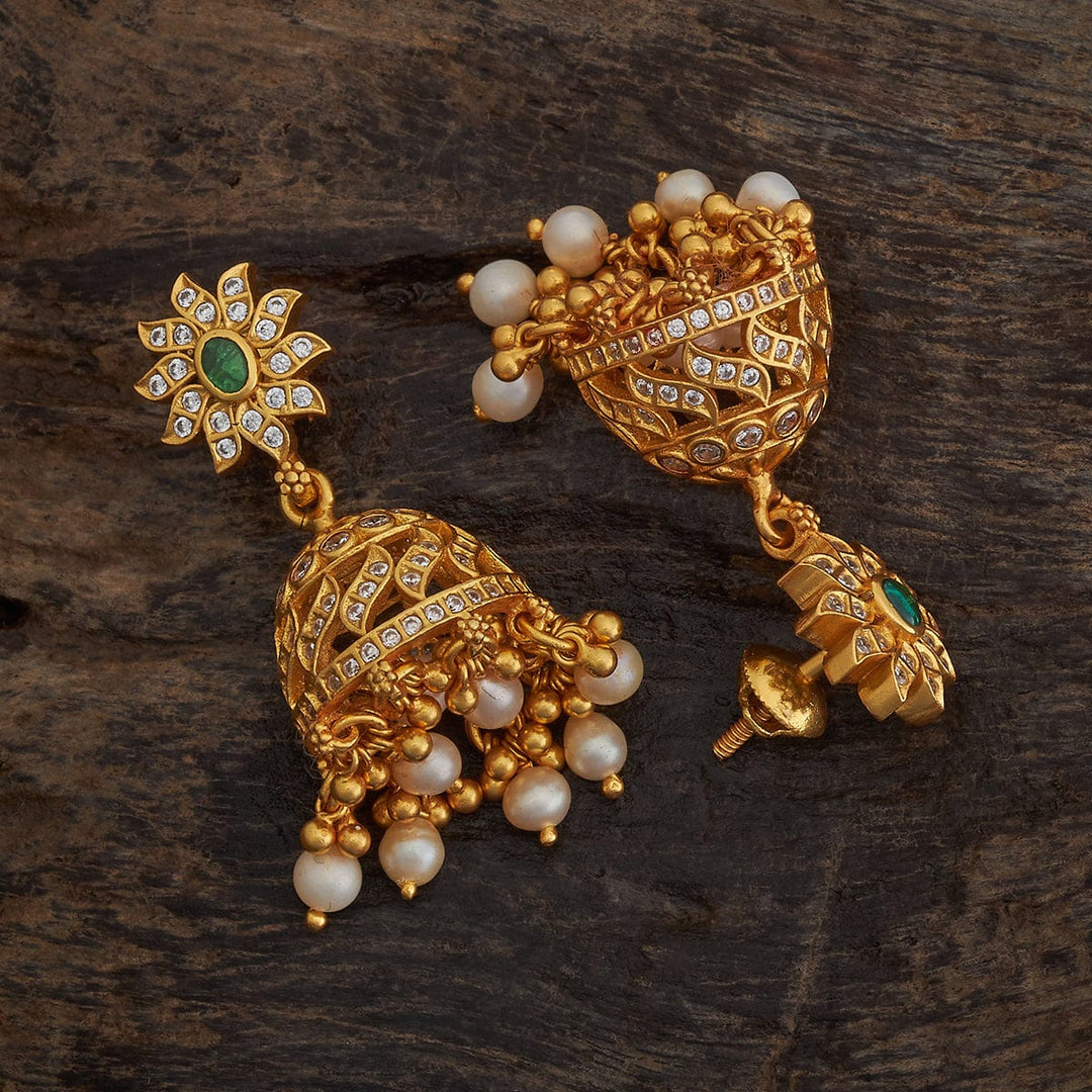 Pure 92.5 Silver Gold-Plated CZ Stone Jhumkas with Emerald Center and Pearl Danglings