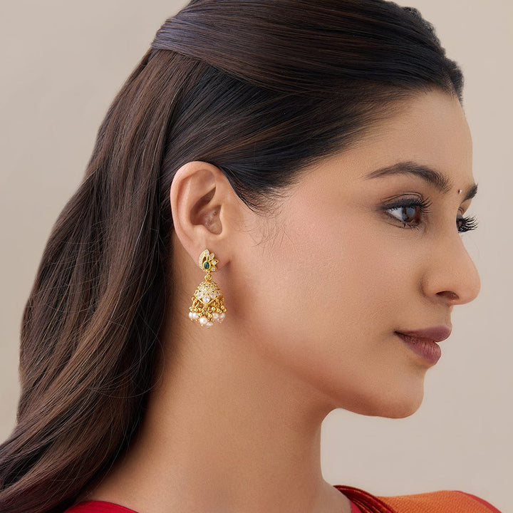 Pure 92.5 Silver Gold-Plated Traditional Jhumka Earrings with Gemstone and Dangling Pearls