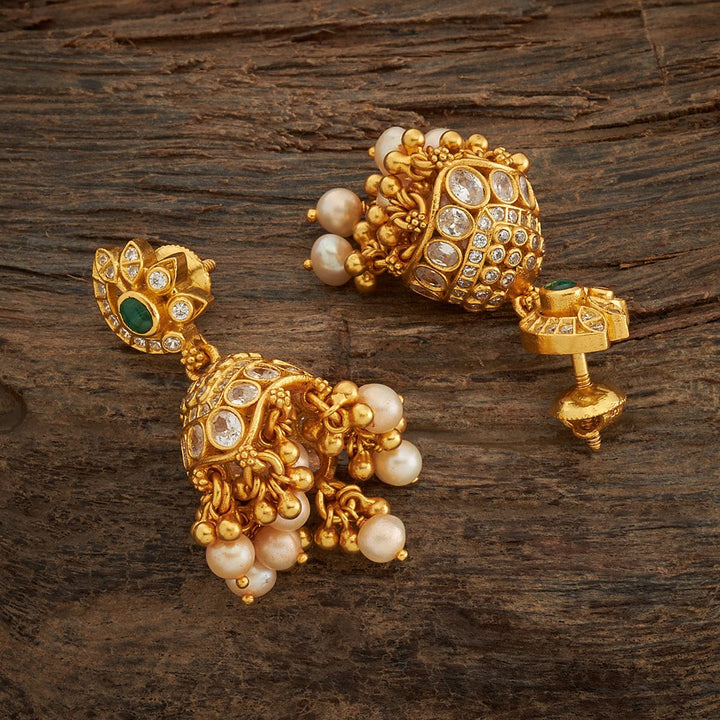Pure 92.5 Silver Gold-Plated Traditional Jhumka Earrings with Gemstone and Dangling Pearls