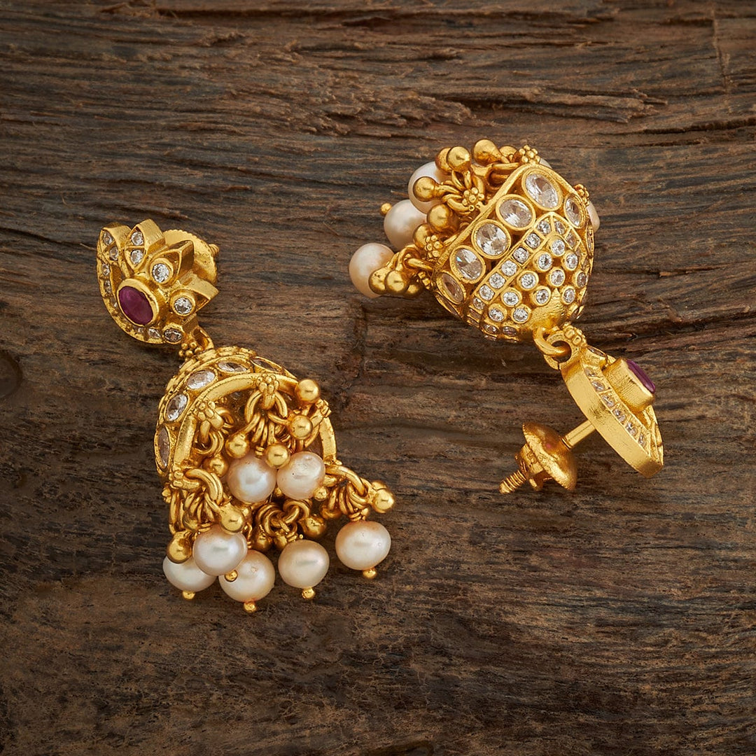 Pure 92.5 Silver Gold-Plated Traditional Jhumka Earrings with Gemstone and Dangling Pearls