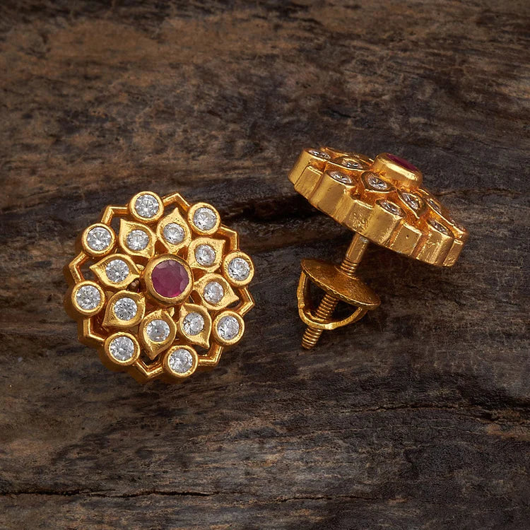92.5 Sterling Silver Gold-Polished Floral Studs with Ruby-Pink Spinal and White Zircons