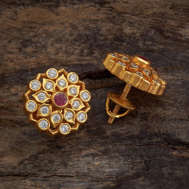 92.5 Sterling Silver Gold-Polished Floral Studs with Ruby-Pink Spinal and White Zircons