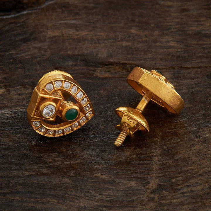 92.5 Sterling Silver Gold-Polished Heart-Shaped Studs with Emerald-Green Spinel and Zircons | SHOBITAM