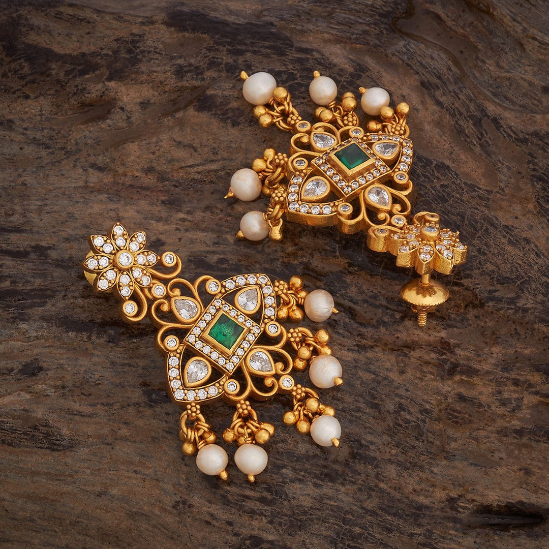Pure 92.5 Silver Gold-Plated Stone-Studded Earrings with Green Square Gem, White Stones, and Pearl