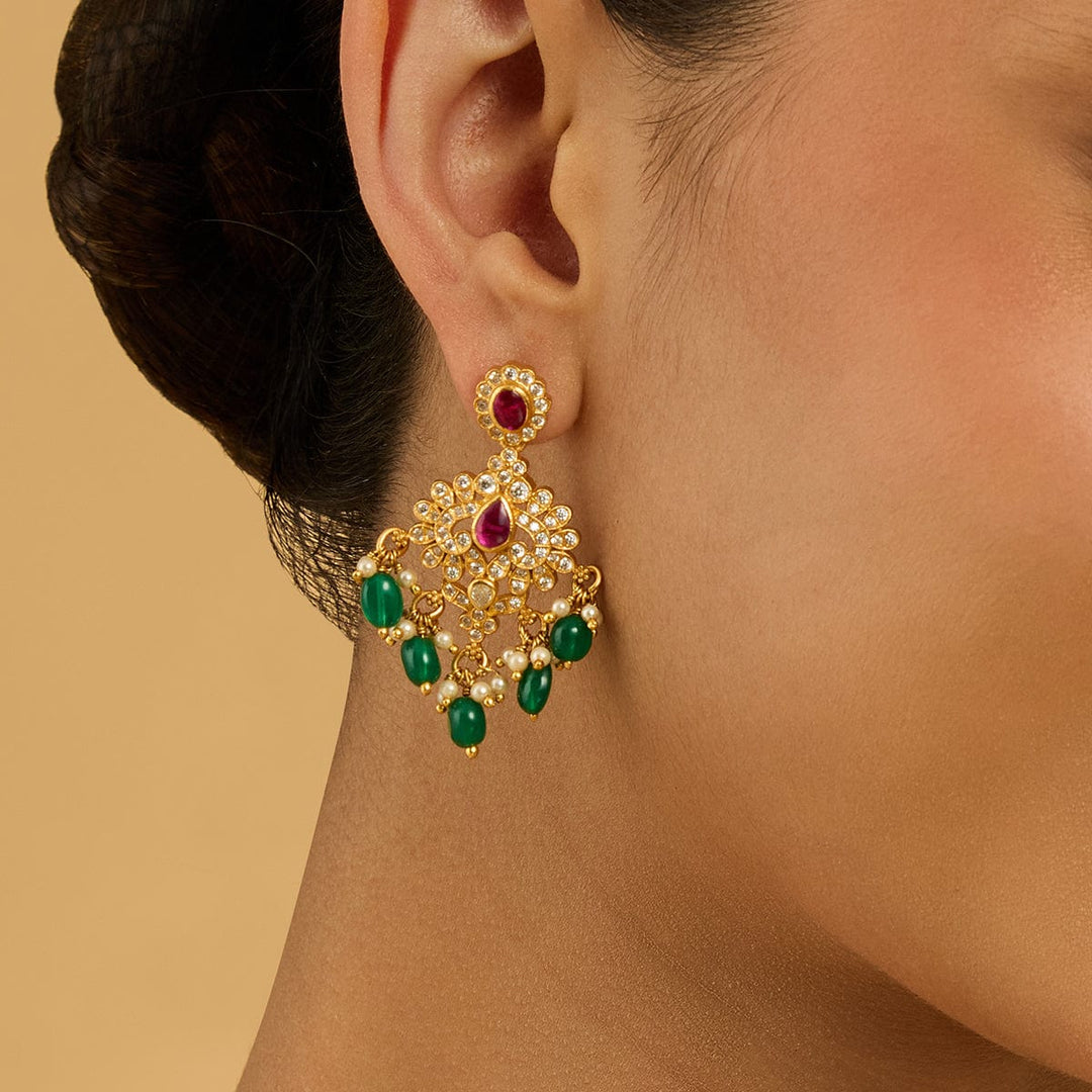 Pure 92.5 Silver Gold-Plated Antique Finish Earrings with Gemstone Embellishments and Bead Dangles | SHOBITAM
