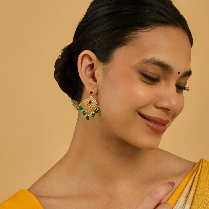 Pure 92.5 Silver Gold-Plated Antique Finish Earrings with Gemstone Embellishments and Bead Dangles | SHOBITAM