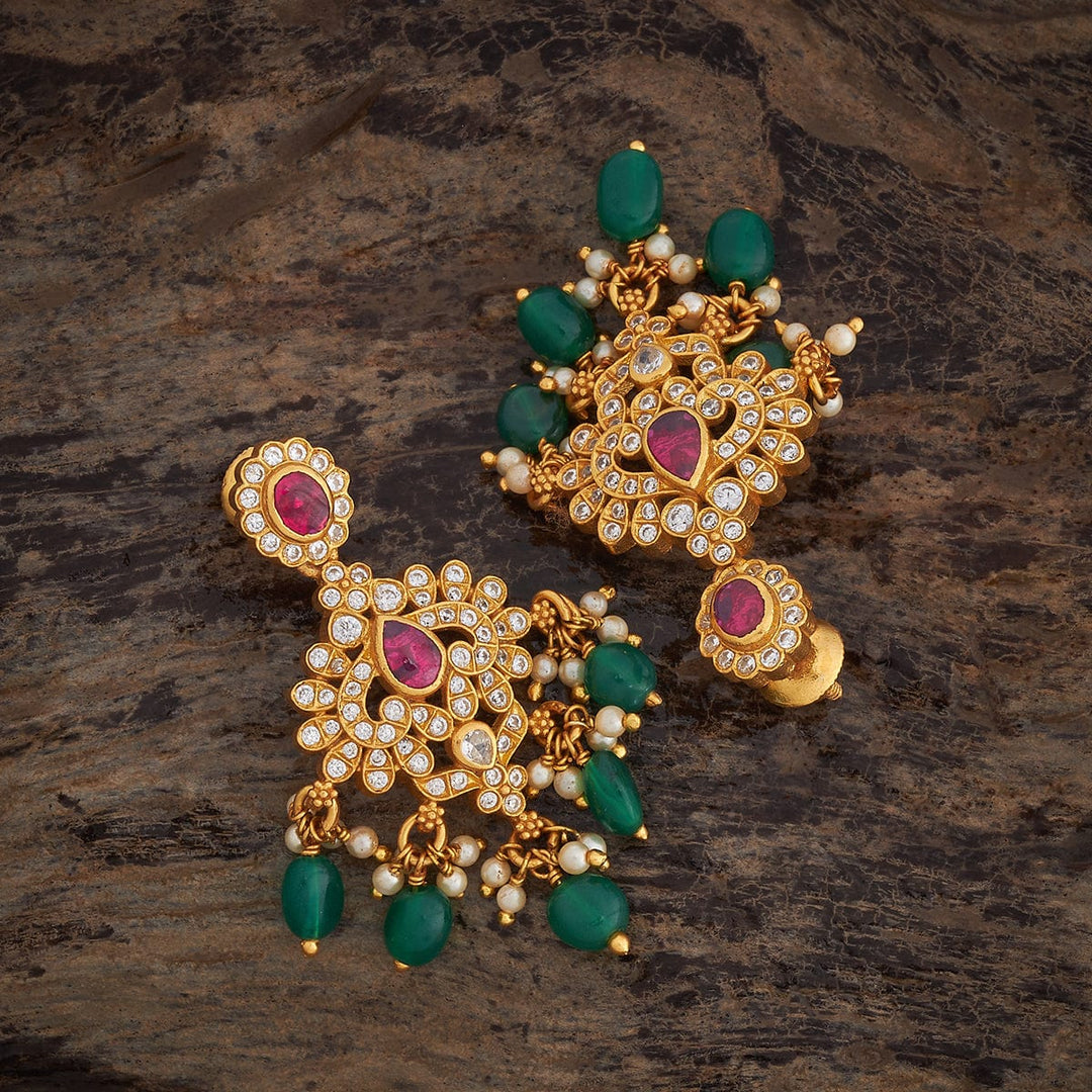 Pure 92.5 Silver Gold-Plated Antique Finish Earrings with Gemstone Embellishments and Bead Dangles | SHOBITAM