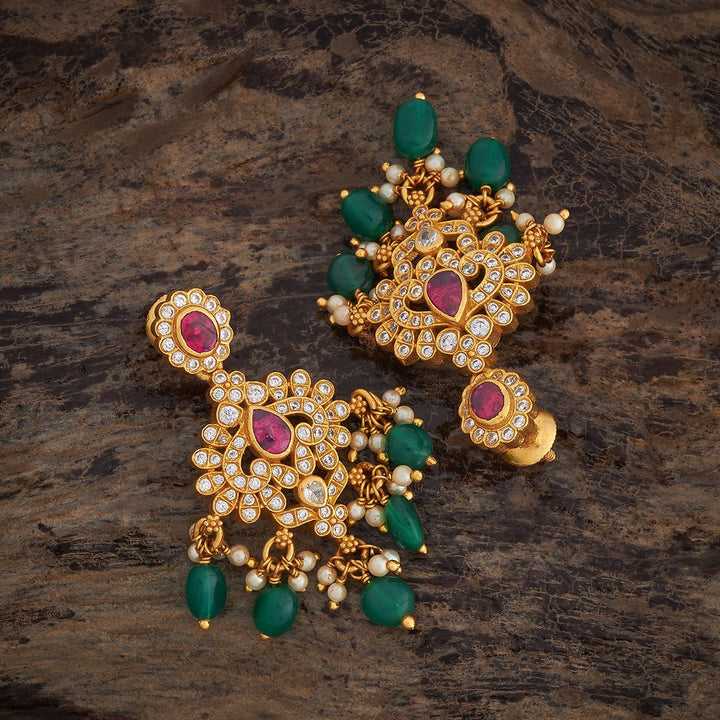 Pure 92.5 Silver Gold-Plated Antique Finish Earrings with Gemstone Embellishments and Bead Dangles | SHOBITAM