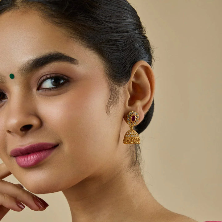 Pure 92.5 Silver Gold-Plated CZ Stone Jhumka Earrings with Dangling Beads