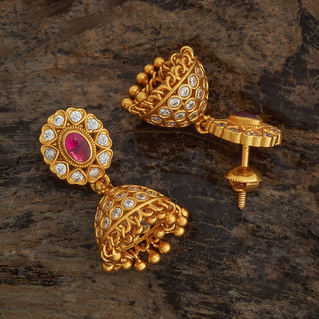 Pure 92.5 Silver Gold-Plated CZ Stone Jhumka Earrings with Dangling Beads