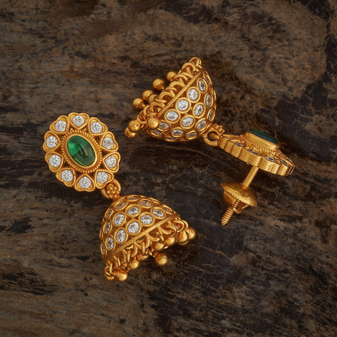 Pure 92.5 Silver Gold-Plated CZ Stone Jhumka Earrings with Dangling Beads