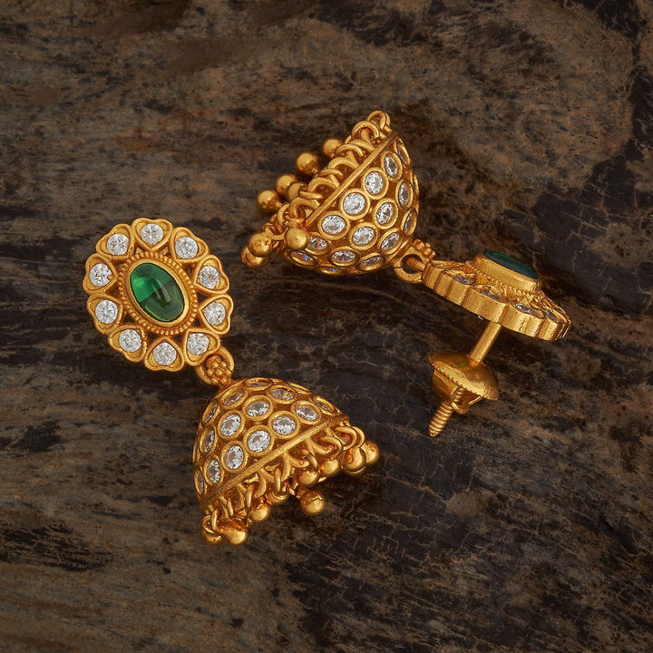 Pure 92.5 Silver Gold-Plated CZ Stone Jhumka Earrings with Dangling Beads