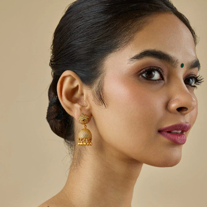 Pure 92.5 Silver Gold-Plated CZ Temple Jhumka Earrings with Gold Dangling Beads