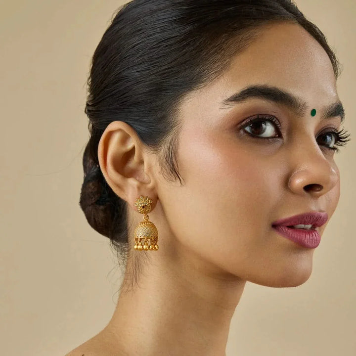 Pure 92.5 Silver Gold-Plated CZ Temple Jhumka Earrings with Gold Dangling Beads | SHOBITAM