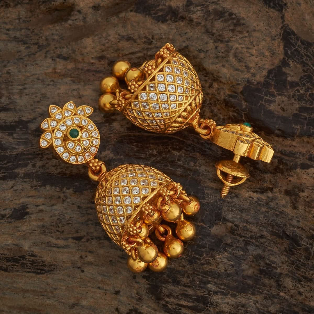 Pure 92.5 Silver Gold-Plated CZ Temple Jhumka Earrings with Gold Dangling Beads | SHOBITAM