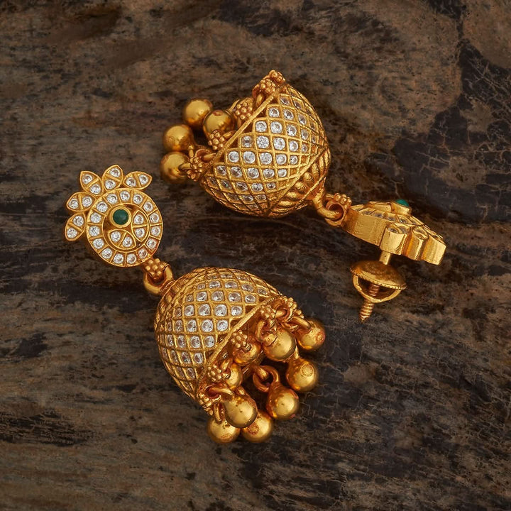 Pure 92.5 Silver Gold-Plated CZ Temple Jhumka Earrings with Gold Dangling Beads | SHOBITAM