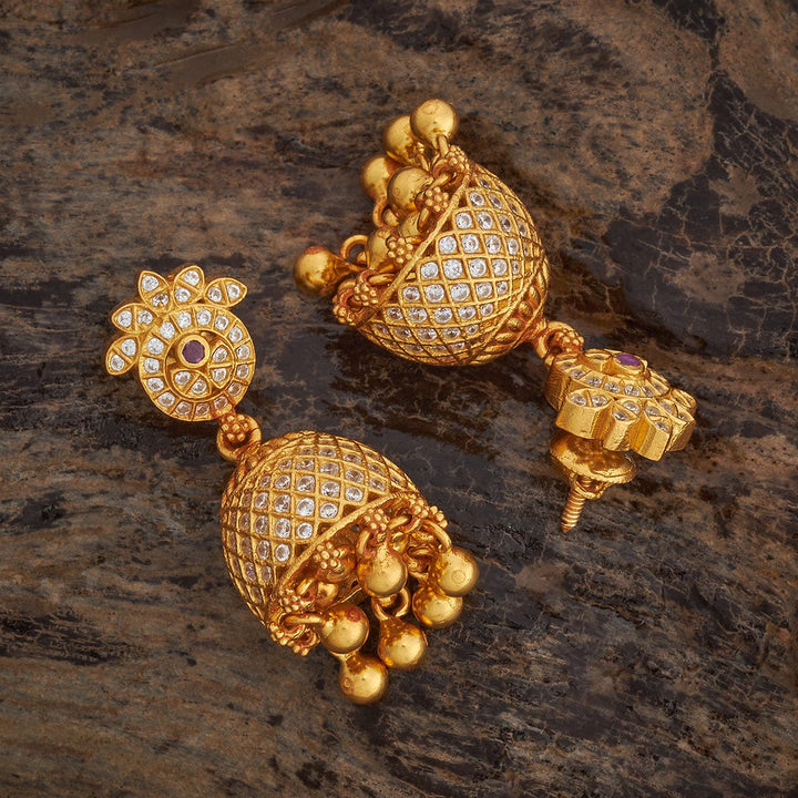 Pure 92.5 Silver Gold-Plated CZ Temple Jhumka Earrings with Gold Dangling Beads