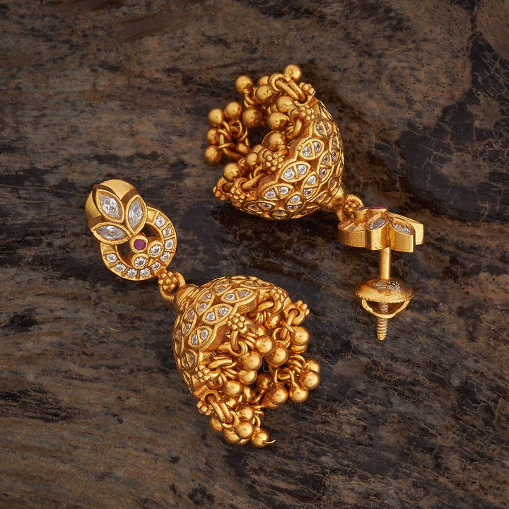 92.5 Pure Silver Jhumkas With CZ And Red Stone And Dangling Beads