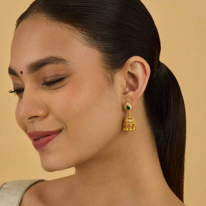 Pure 92.5 Silver Gold-Plated Traditional Temple Jhumka Earrings with Green Stone Stud and Gold Drops