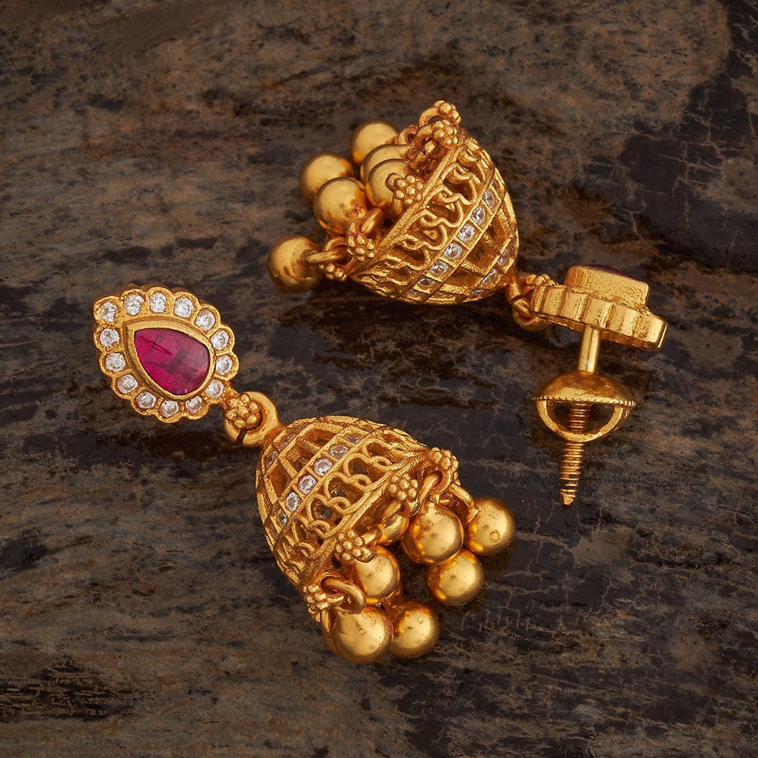 92.5 Pure Silver Jhumkas With Red Stone And Dangling Beads