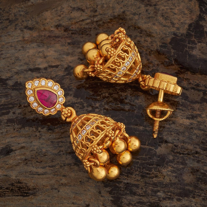 92.5 Pure Silver Jhumkas With Red Stone And Dangling Beads