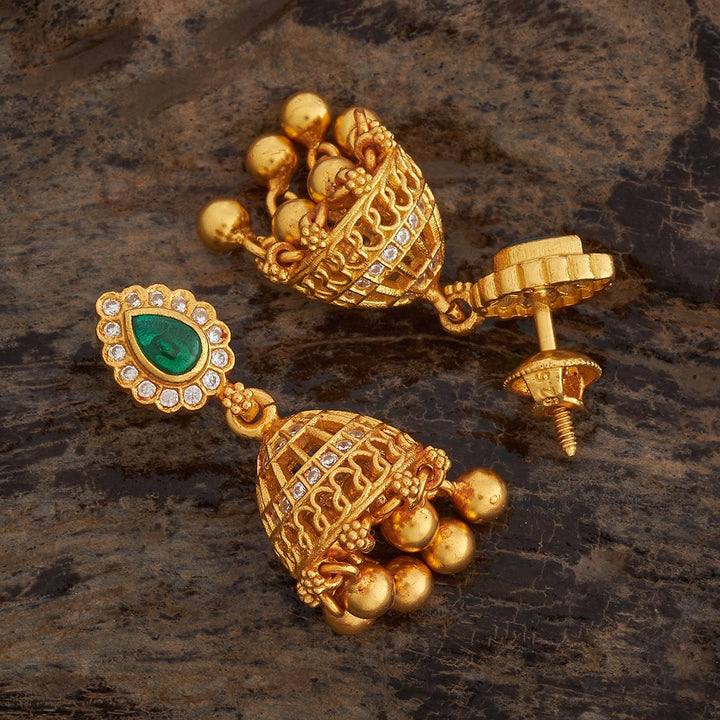Pure 92.5 Silver Gold-Plated Traditional Temple Jhumka Earrings with Green Stone Stud and Gold Drops