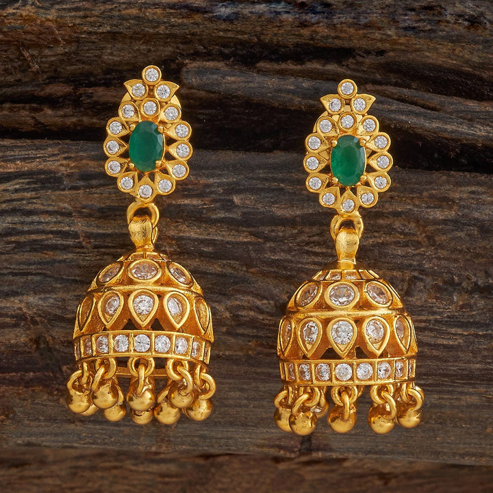 Pure 92.5 Silver Gold-Plated Emerald Dome Jhumka Earrings with Cz store Gold Dangling Beads